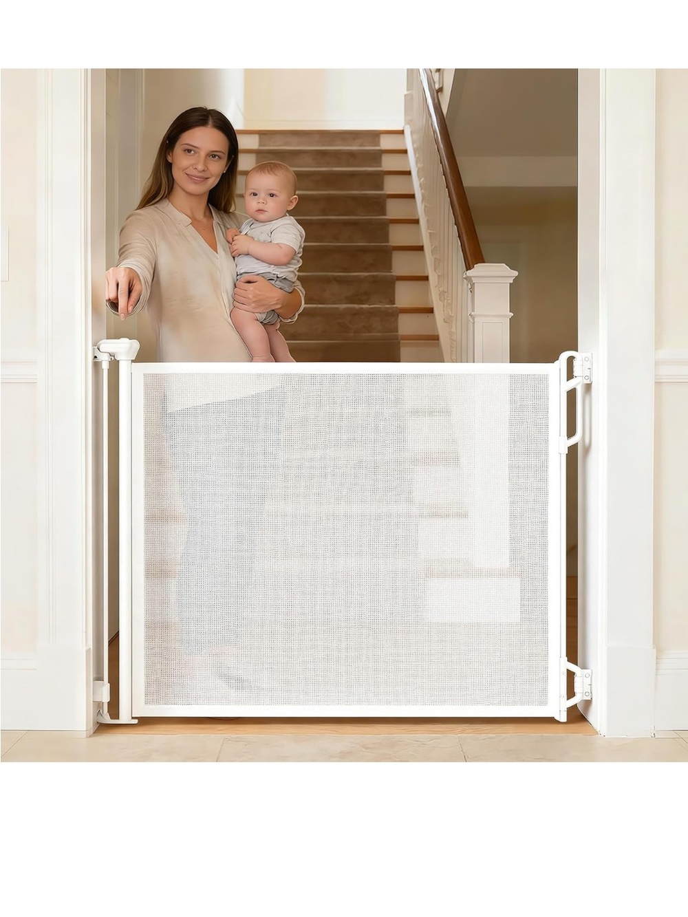 Retractable Baby Gate, 55" Wide Mesh Gate, White